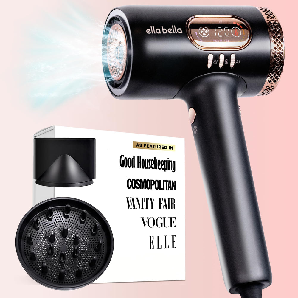 ELLA BELLA Pro plasma hair dryer with sleek design for faster drying.