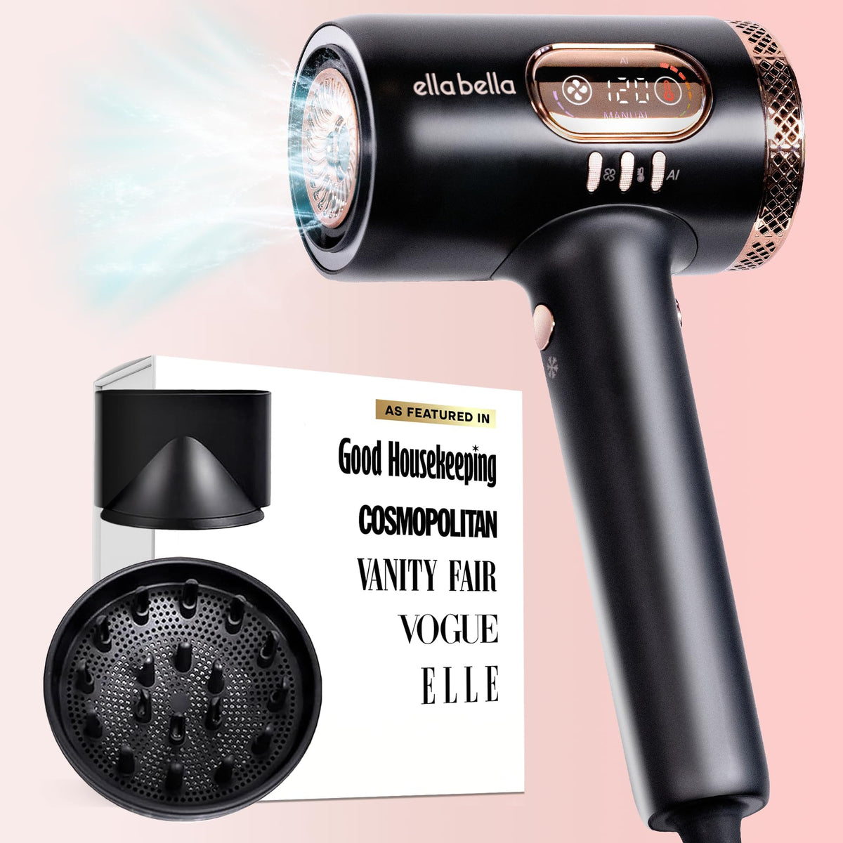 ELLA BELLA Pro plasma hair dryer with sleek design for faster drying.