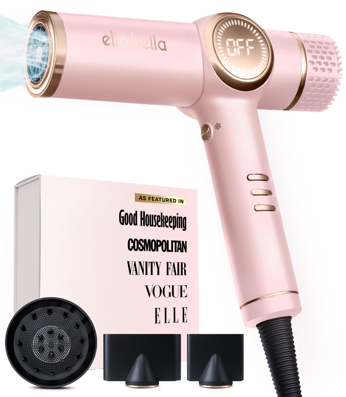 ELLA BELLA Professional Ionic Hair Dryer front view shows lightweight, comfortable grip for easy daily styling.