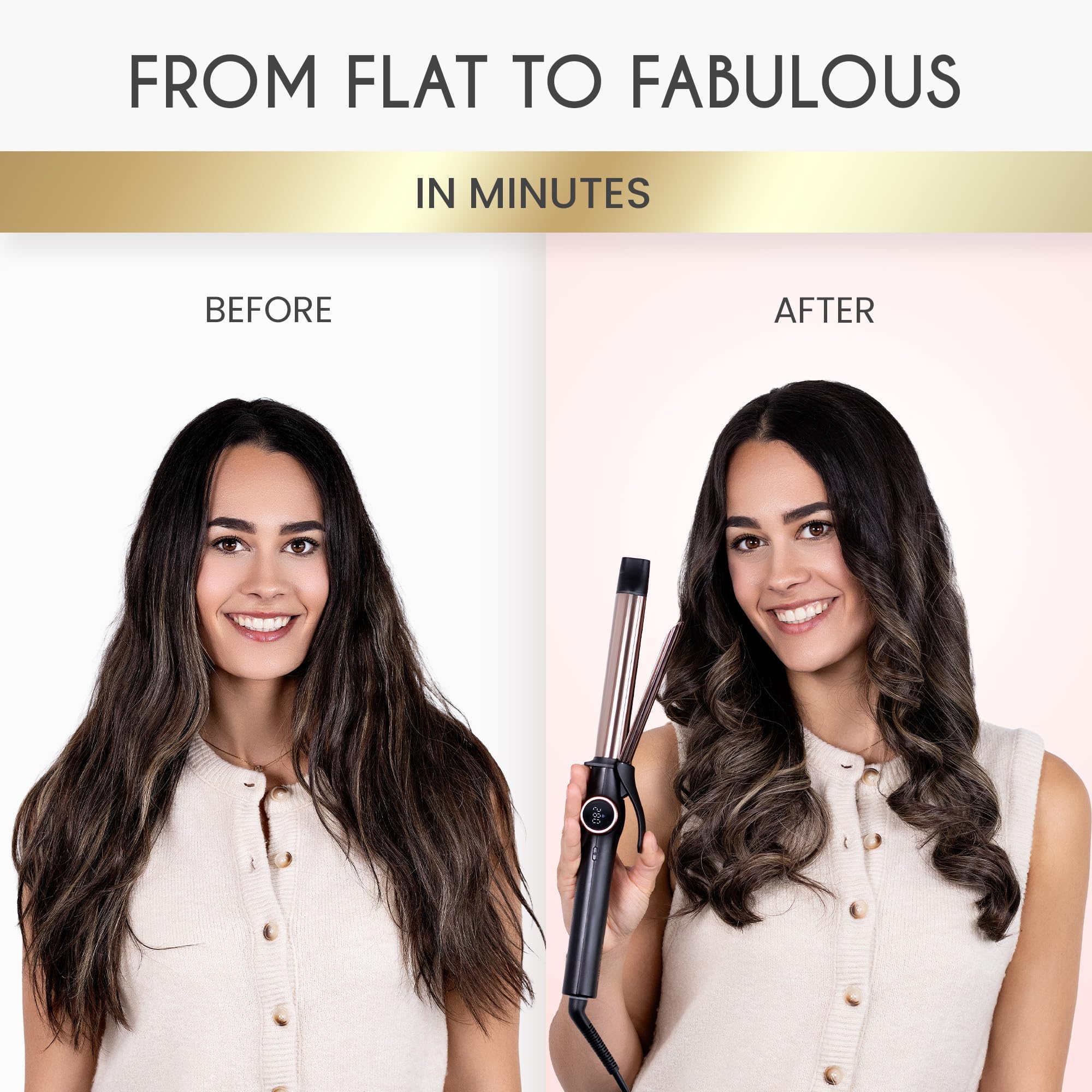 ELLA BELLA Slimline Curling Iron in use on long hair.