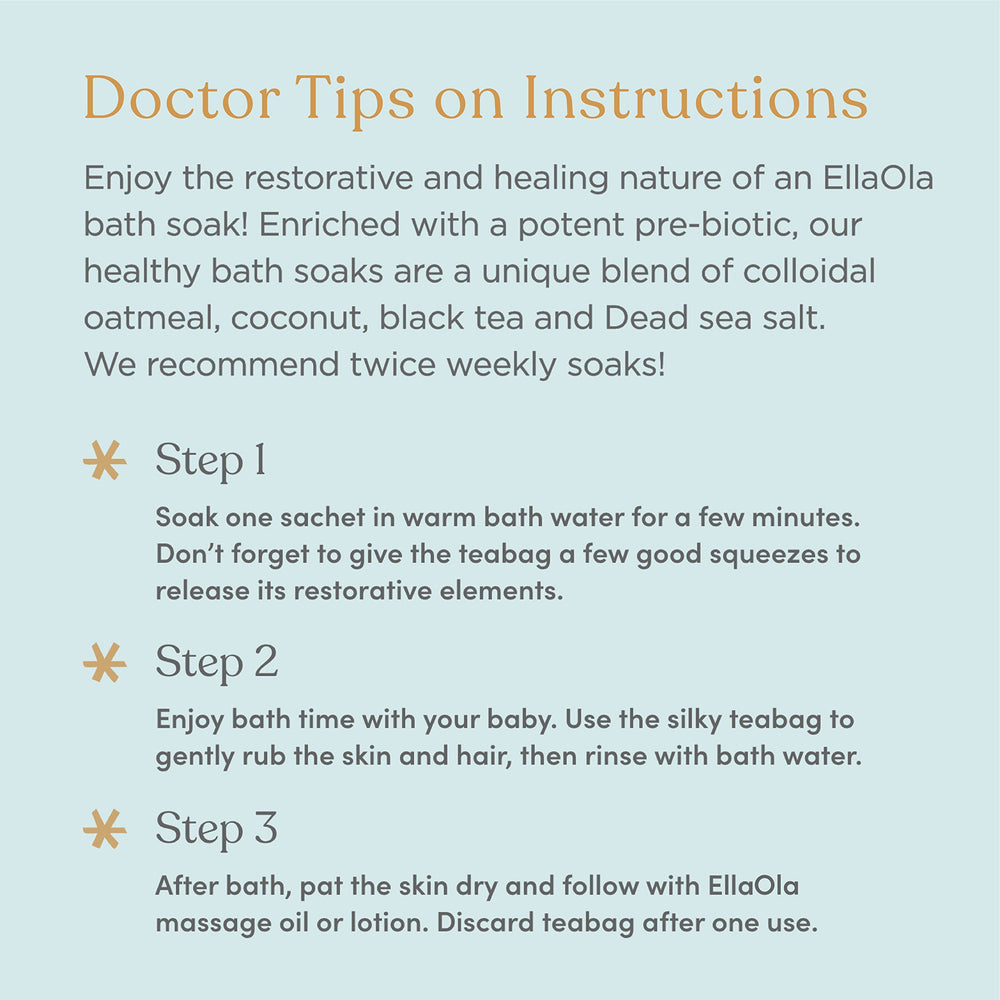 Ellaola Oatmeal Bath Soak box highlights pediatrician and dermatologist involvement