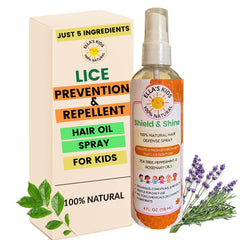 Ella's Kids Shield and Shine spray bottle for gentle lice prevention and styling.