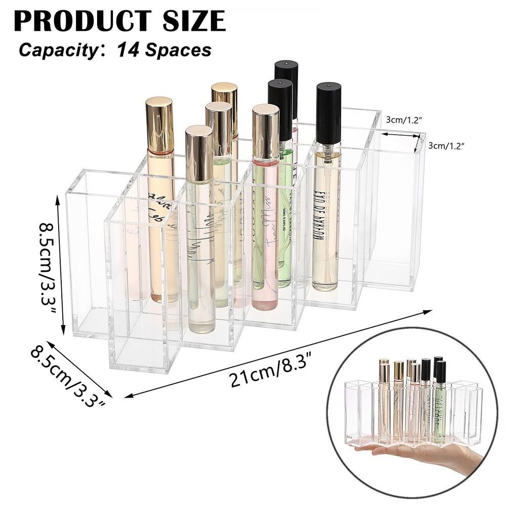 ELLDOO clear acrylic perfume display with 14 slots for organized beauty.
