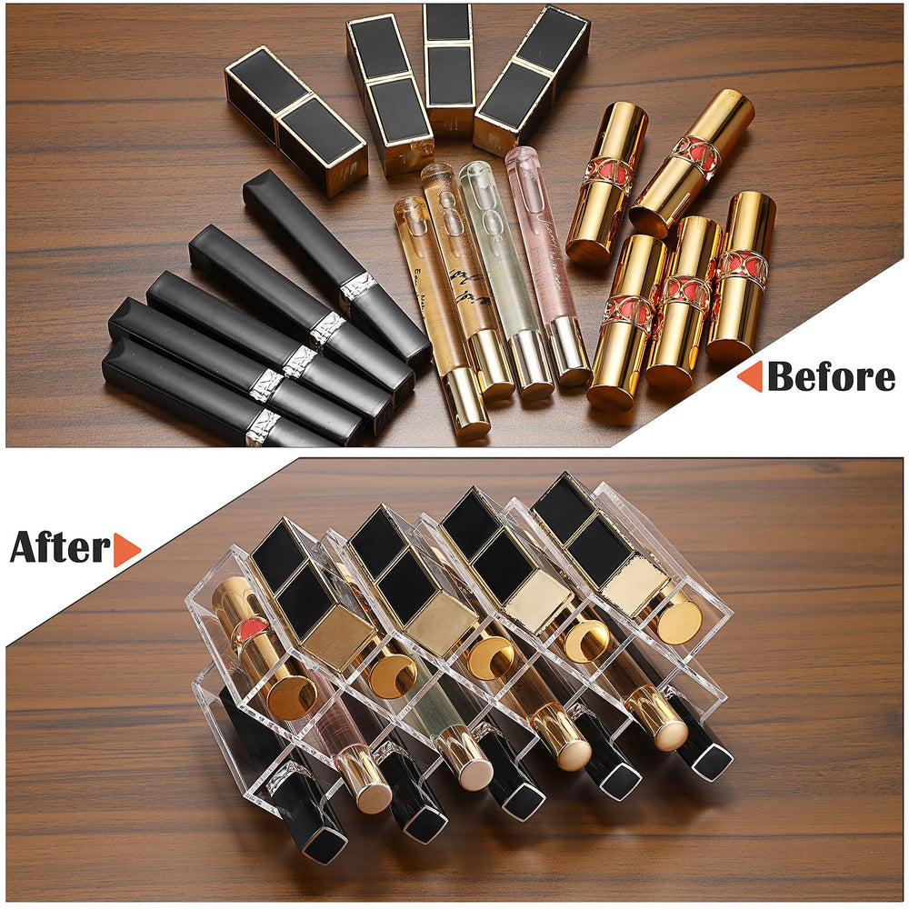 ELLDOO clear display highlights lip glosses, perfumes, brushes.