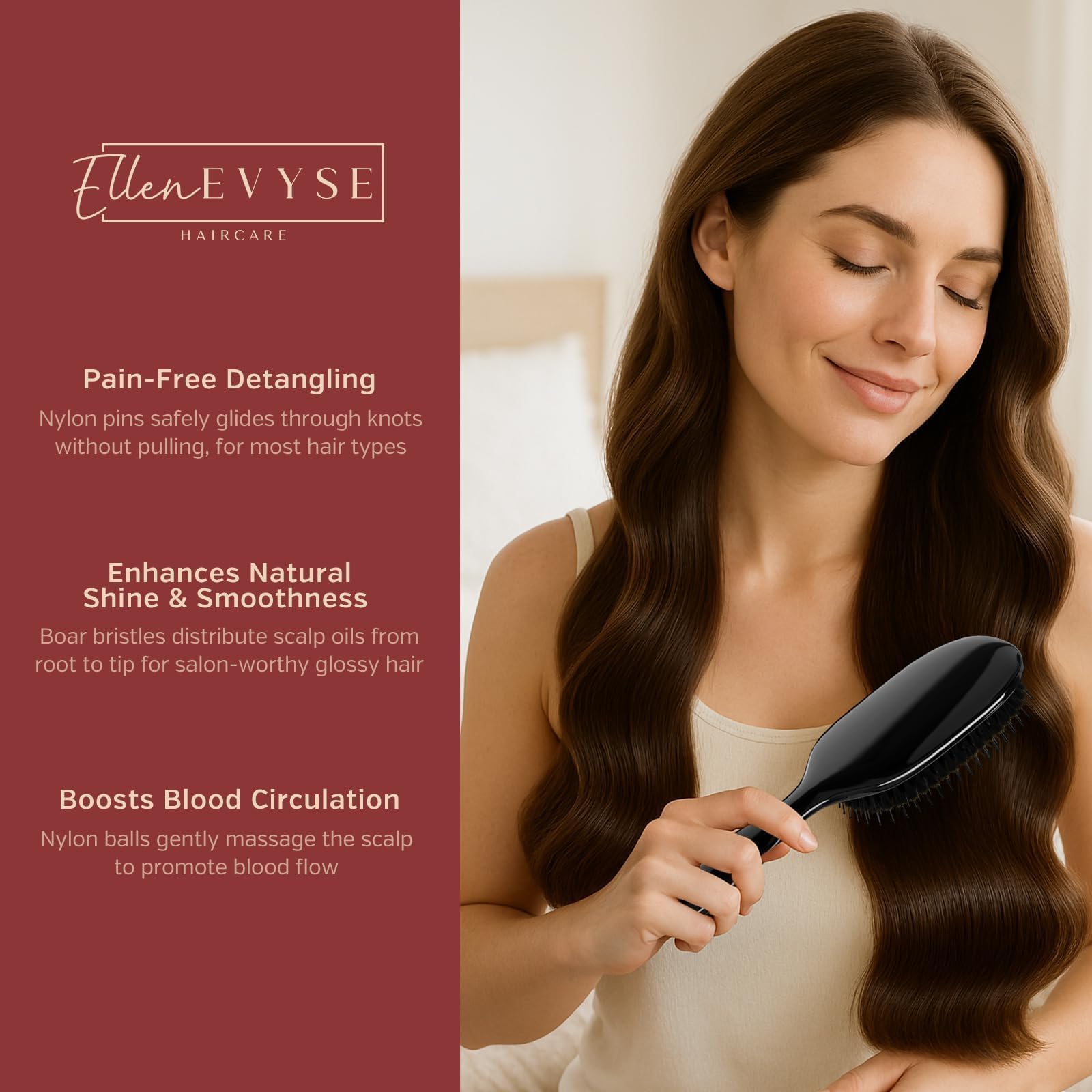 Ellen Evyse Boar Bristle Hair Brush bristles close-up shows boar and nylon mix for gentle detangling.