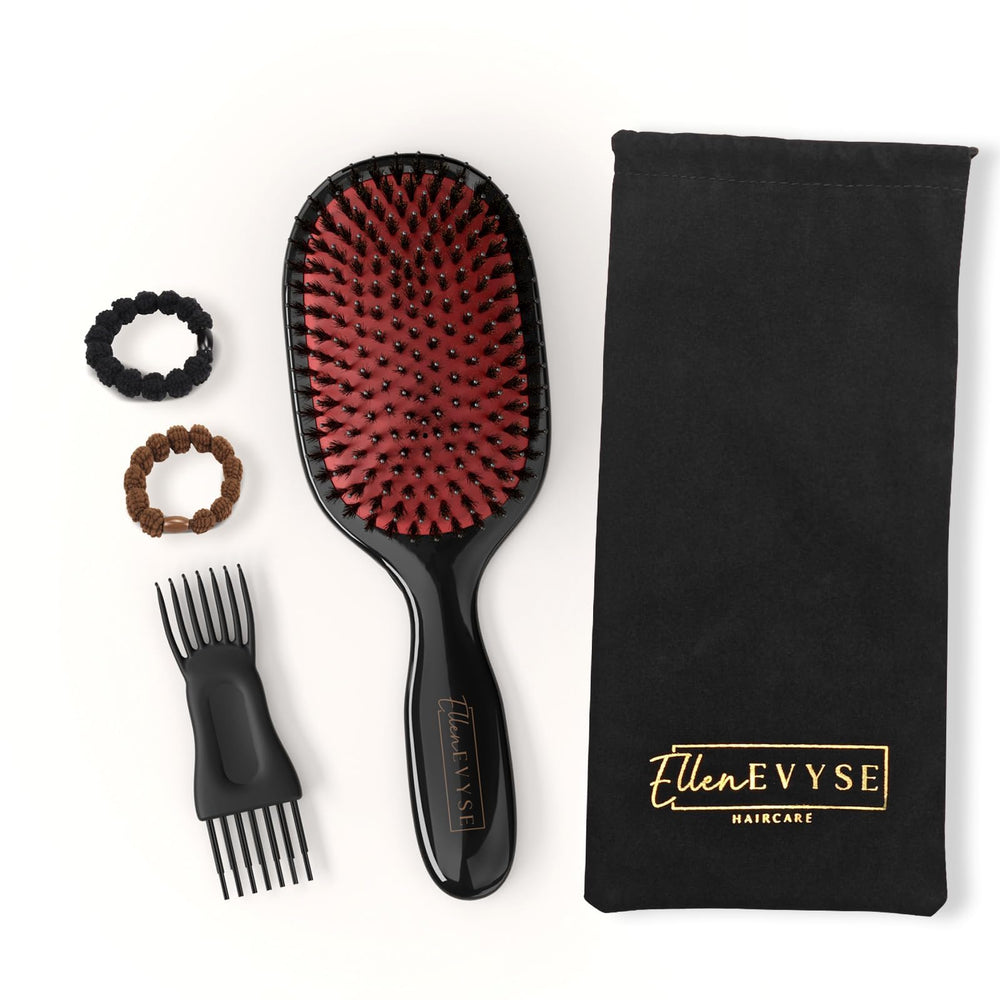 Ellen Evyse Boar Bristle Hair Brush in-use detangling session for reduced breakage and smoother hair.