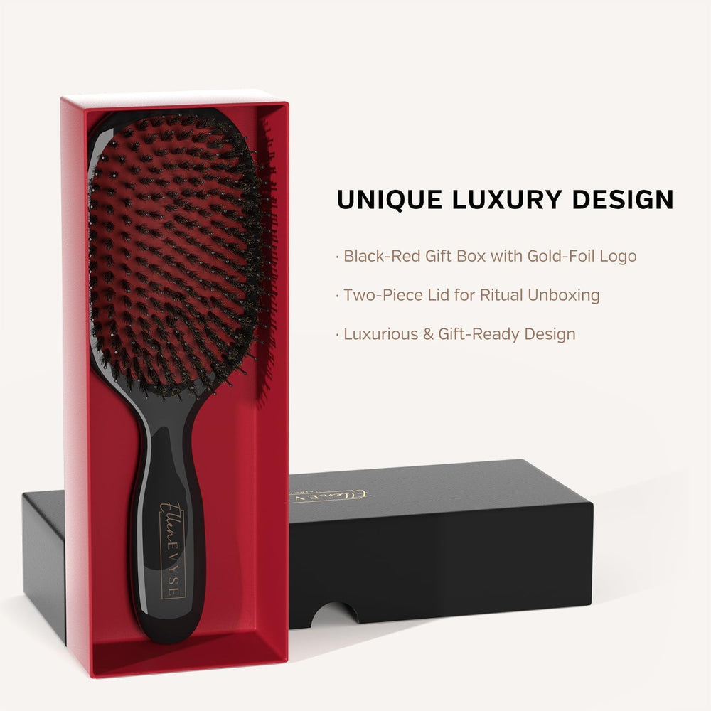 Ellen Evyse Boar Bristle Hair Brush nylon pins close-up supports careful detangling and scalp massage.