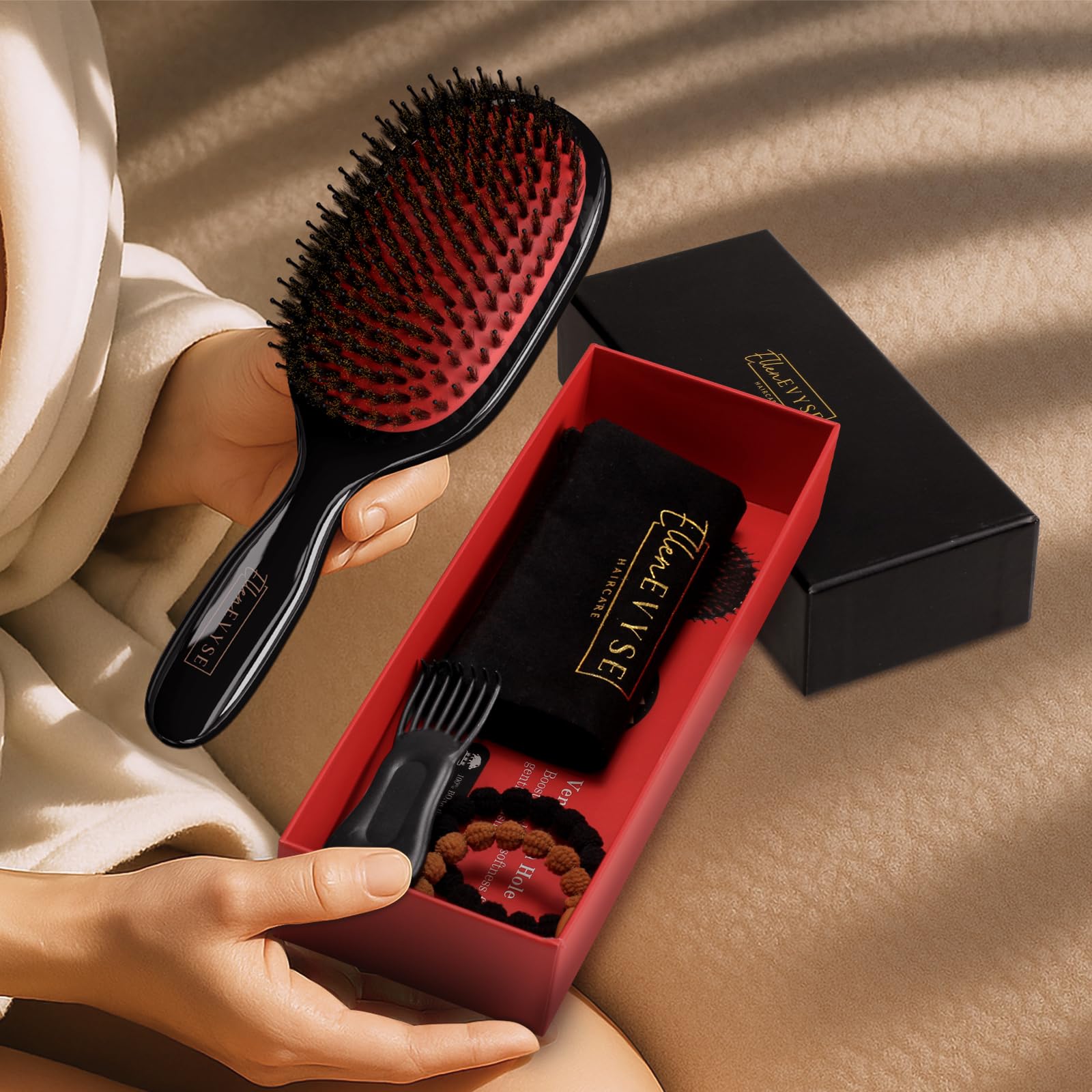 Ellen Evyse Boar Bristle Hair Brush salon-ready design suggests professional-quality home smoothing.