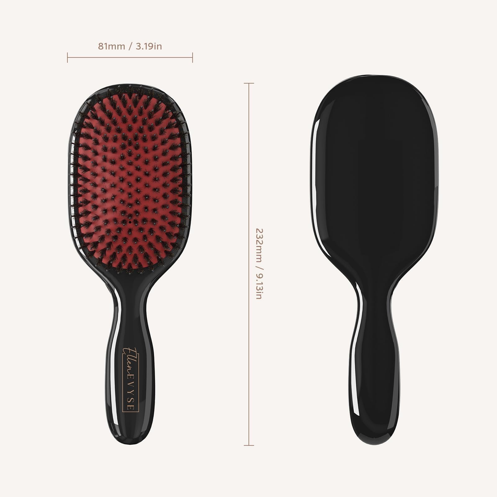 Ellen Evyse Boar Bristle Hair Brush shine finish delivers glossy, frizz-controlled hair.