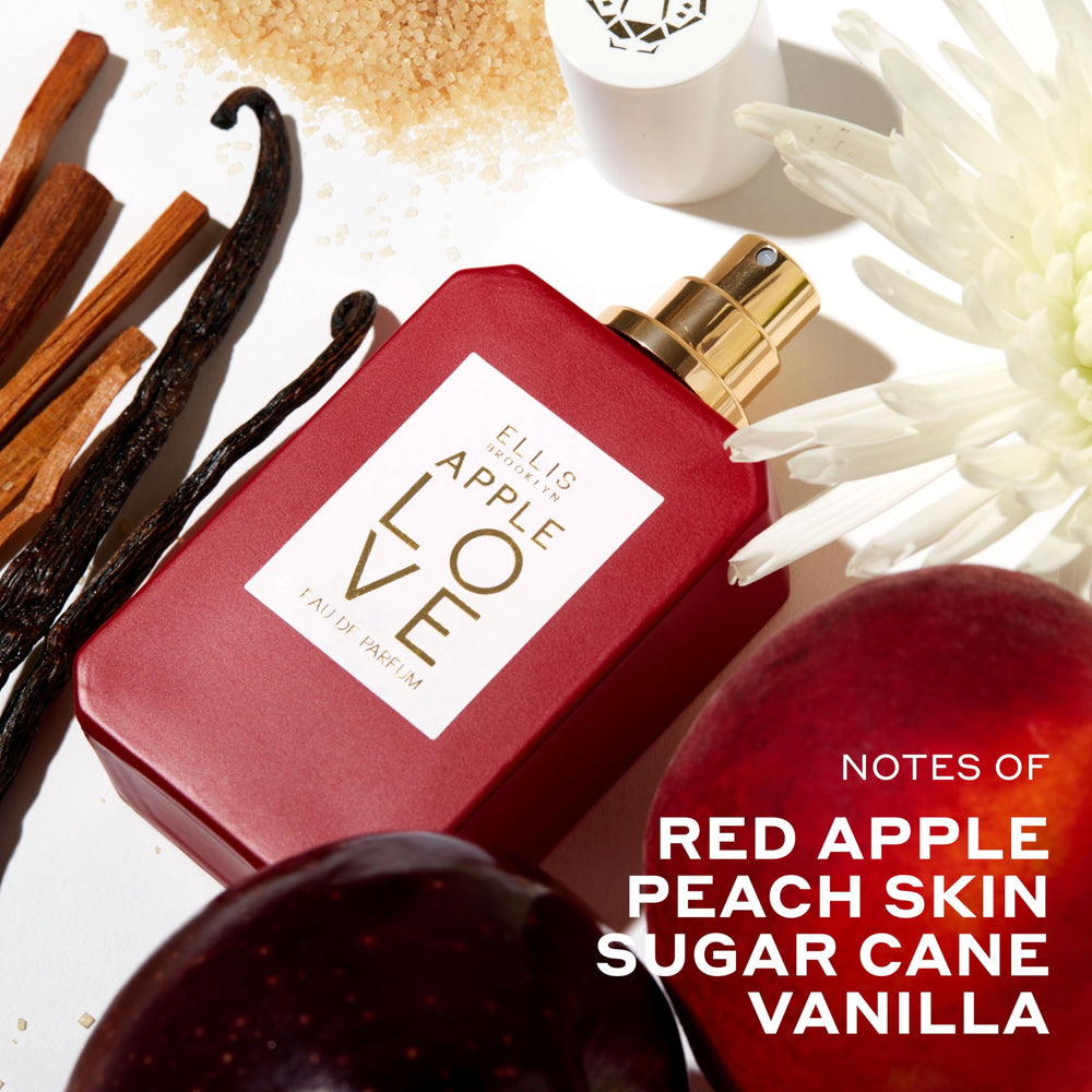 Ellis Brooklyn Apple Love bottle-packaging image emphasizes eco-friendly choices for conscious beauty