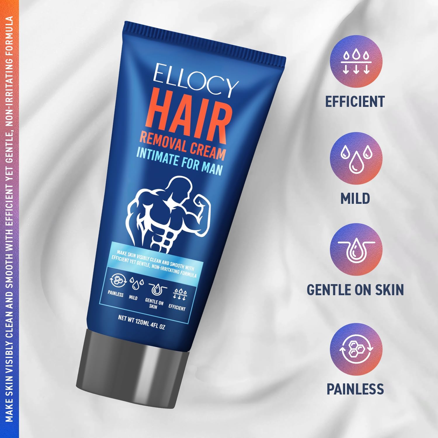 Ellocy hair removal cream men closeup texture shows smooth-ready formula.