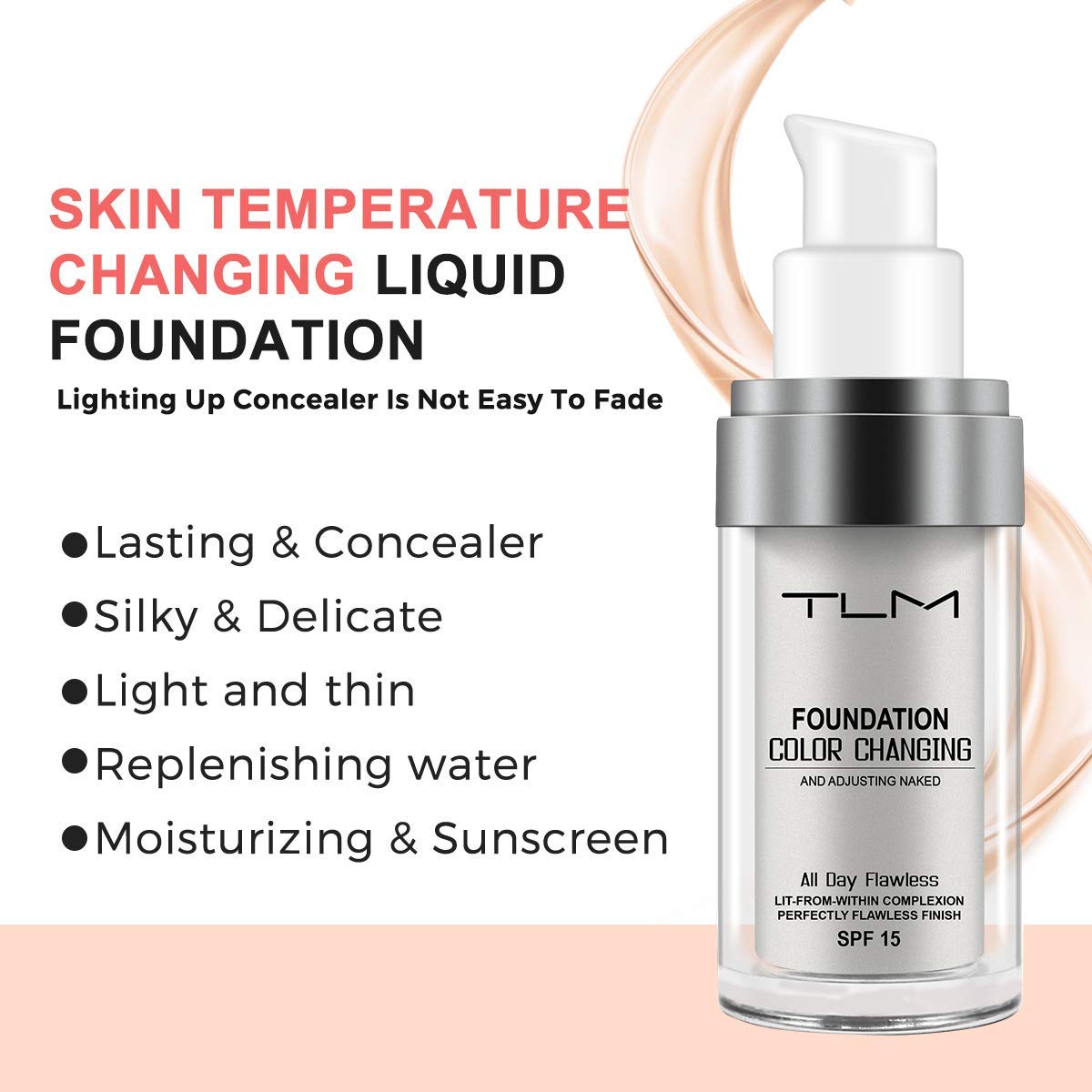 ELM Game liquid foundation close-up shows self-adjusting tone without cakiness