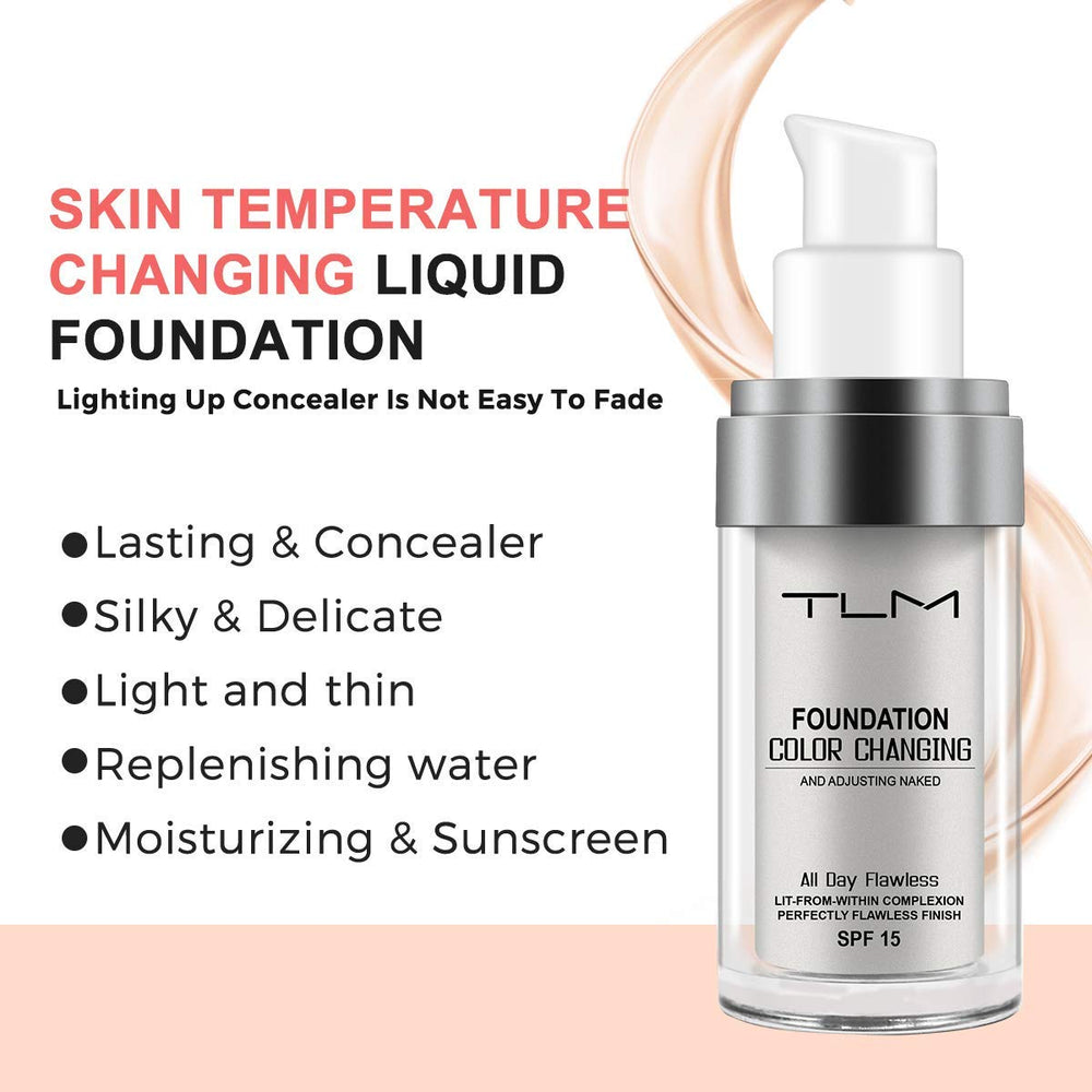 ELM Game liquid foundation close-up shows self-adjusting tone without cakiness