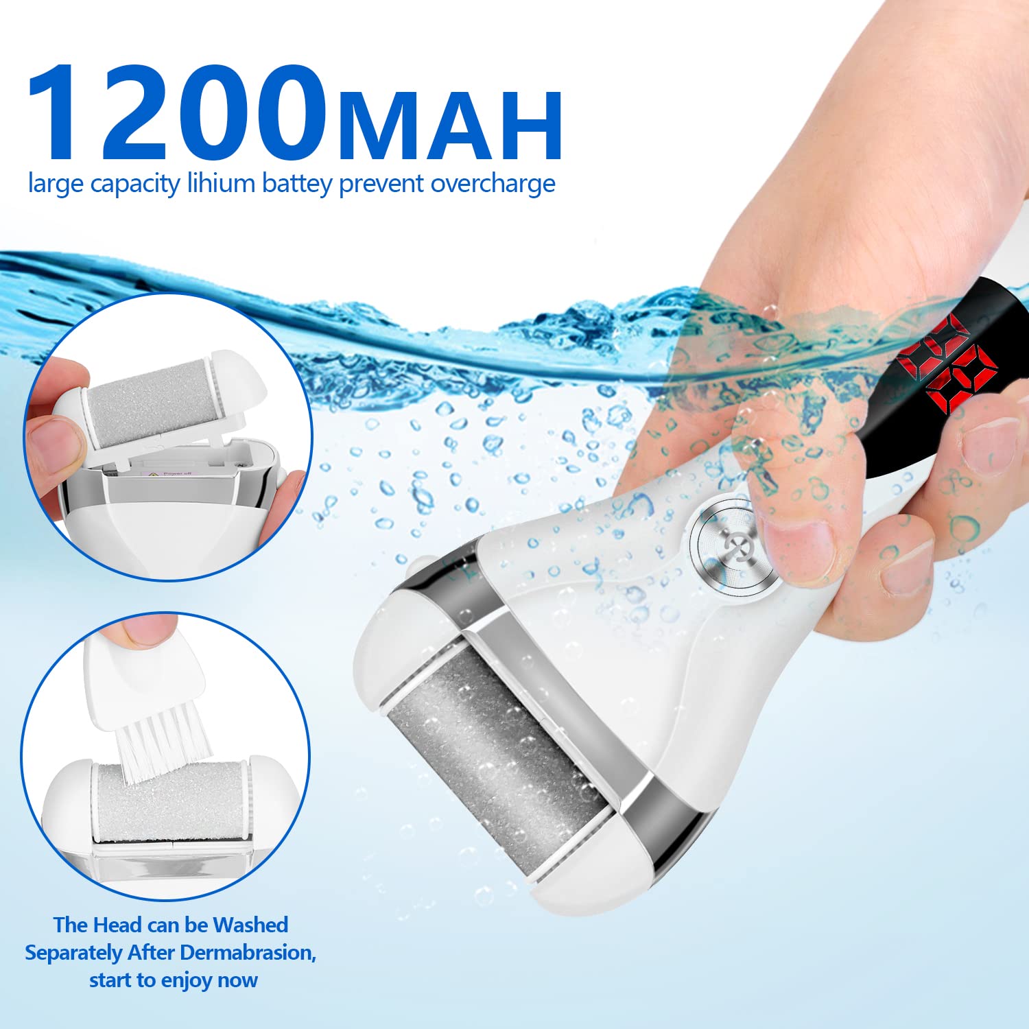 Elmchee foot callus remover with 3 grinding heads for varying skin needs.