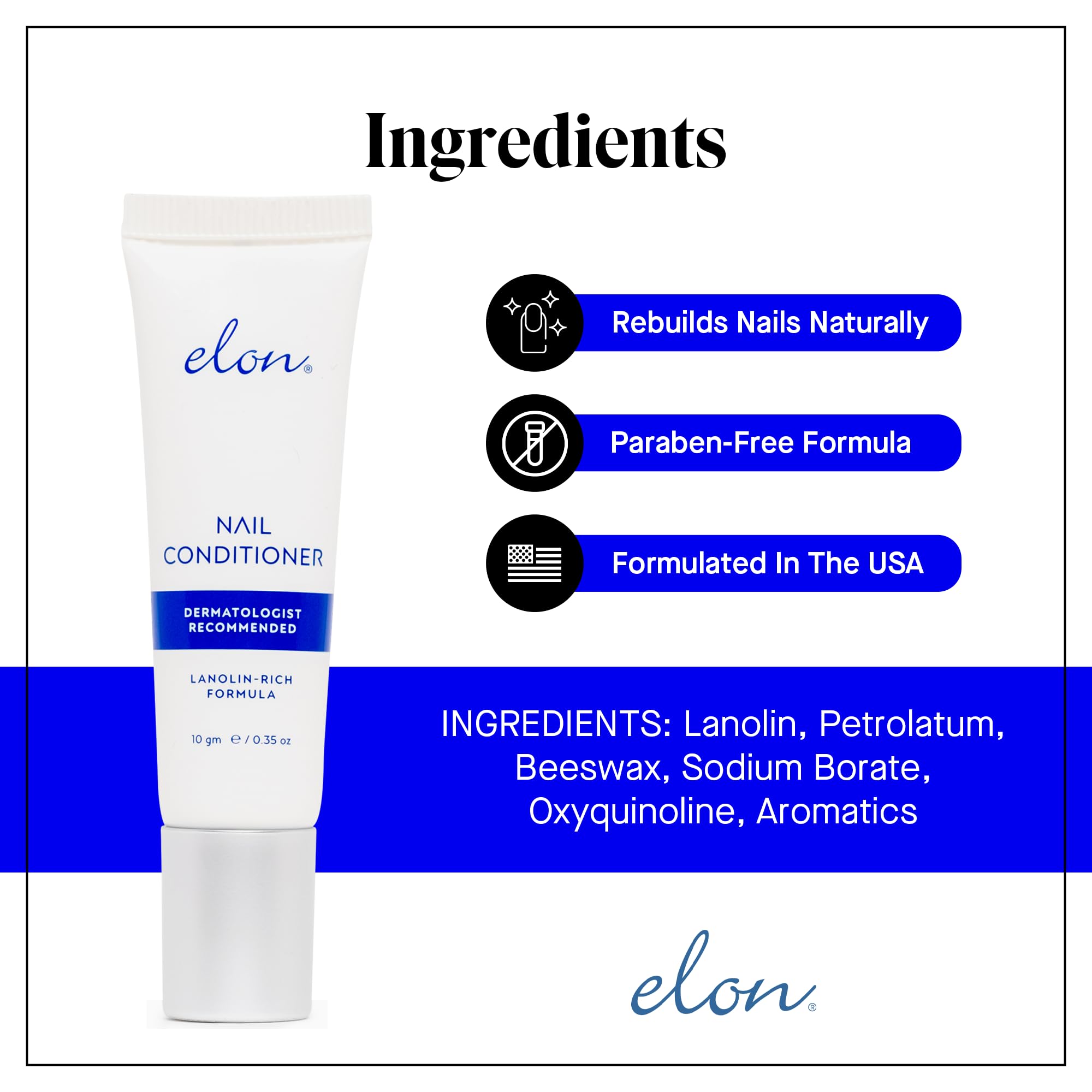 Elon Lanolin-Rich Nail Conditioner ingredients highlight beeswax and lanolin for nourishment.