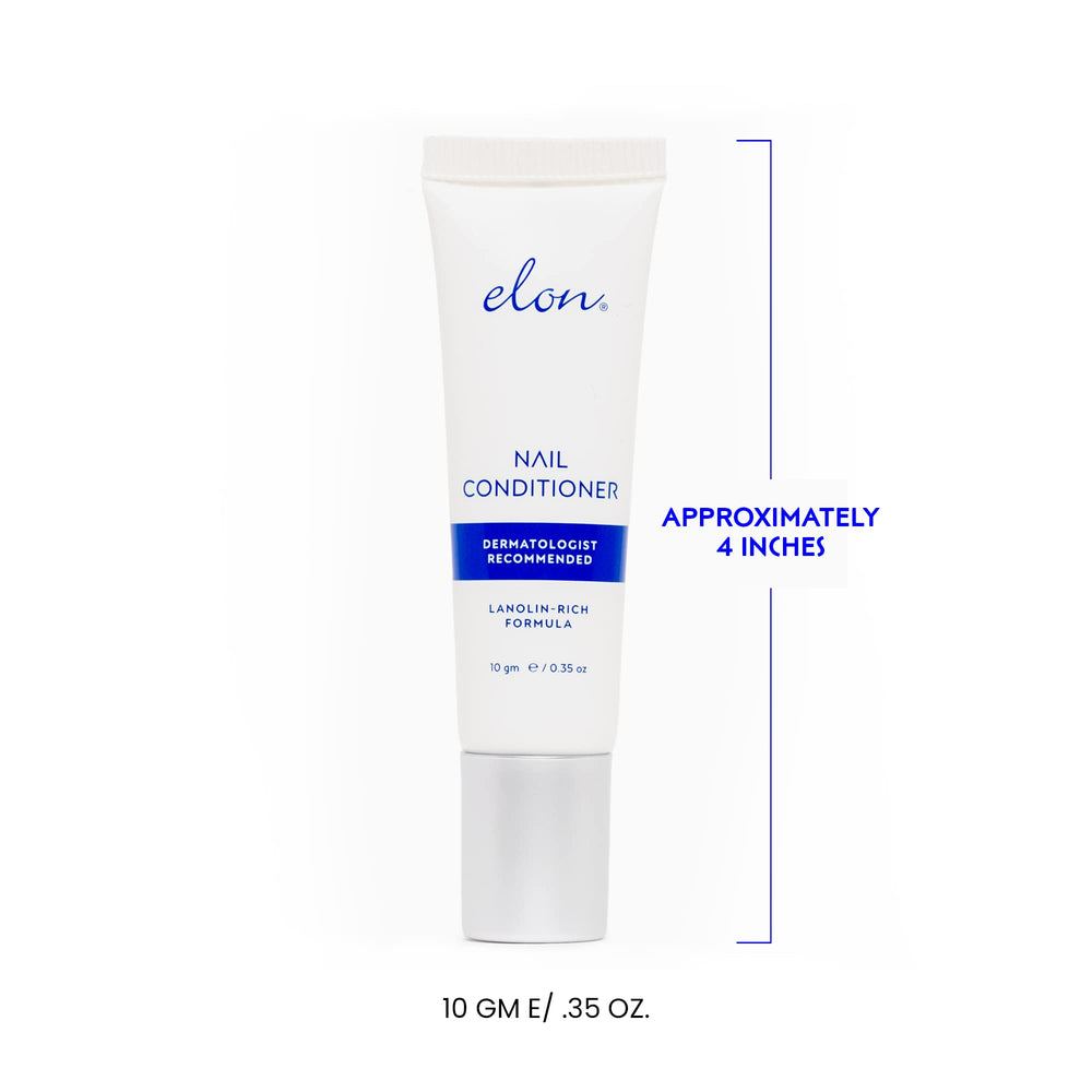 Elon Lanolin-Rich Nail Conditioner label detail underscores dermatologist-recommended, pharmaceutical-grade heritage.
