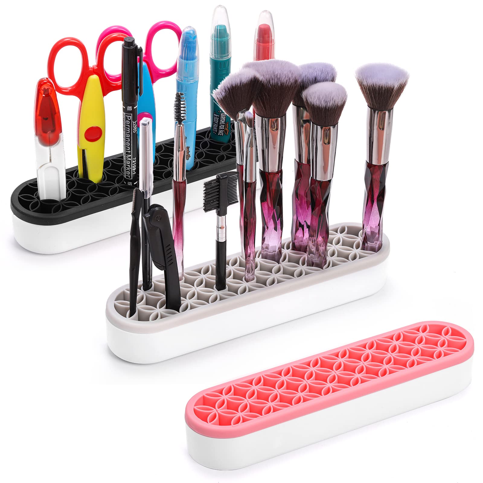 Elsjoy 3-pack silicone makeup brush holder pink assembly for compact desk organization