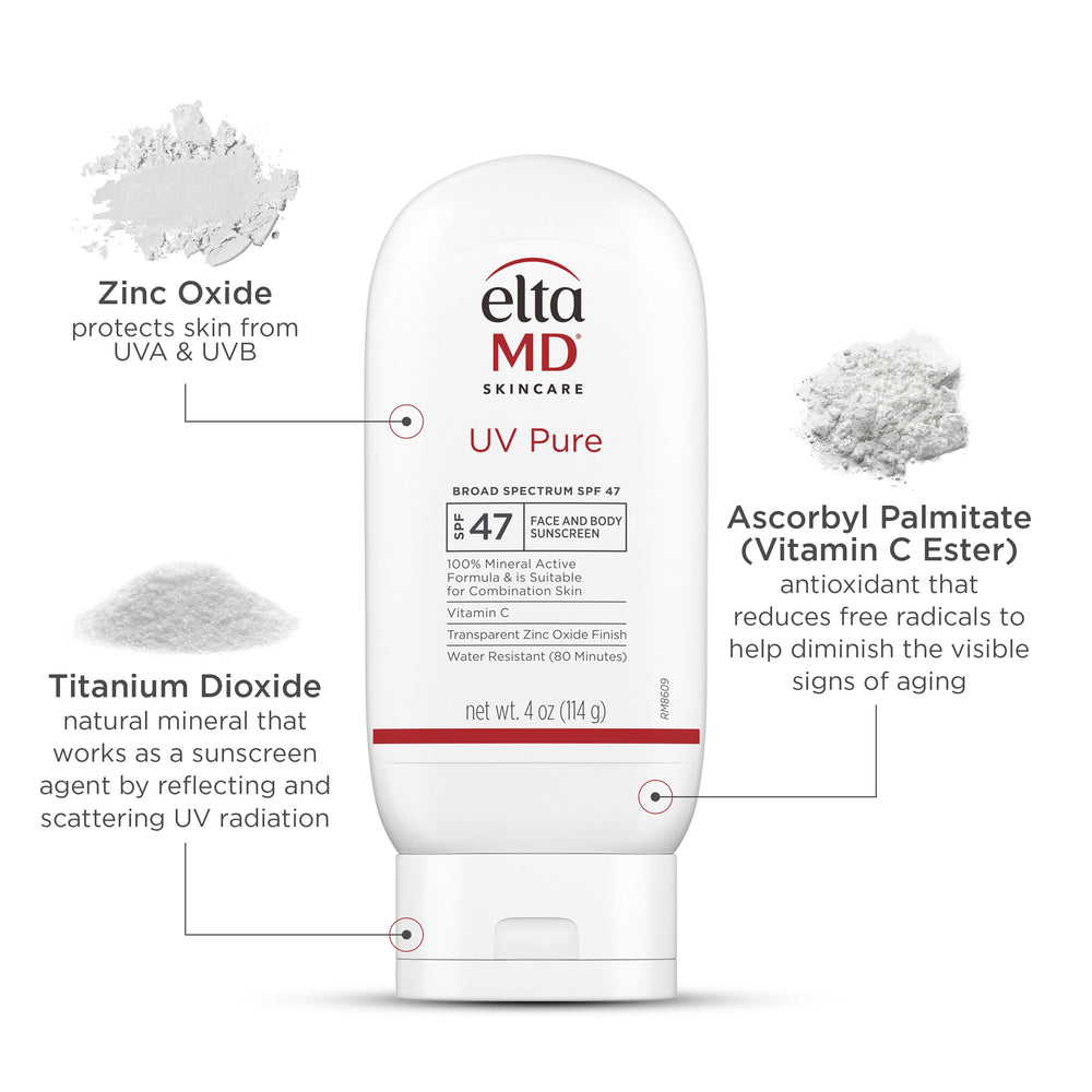 EltaMD UV Pure fragrance-free label highlights skin friendly mineral sunscreen