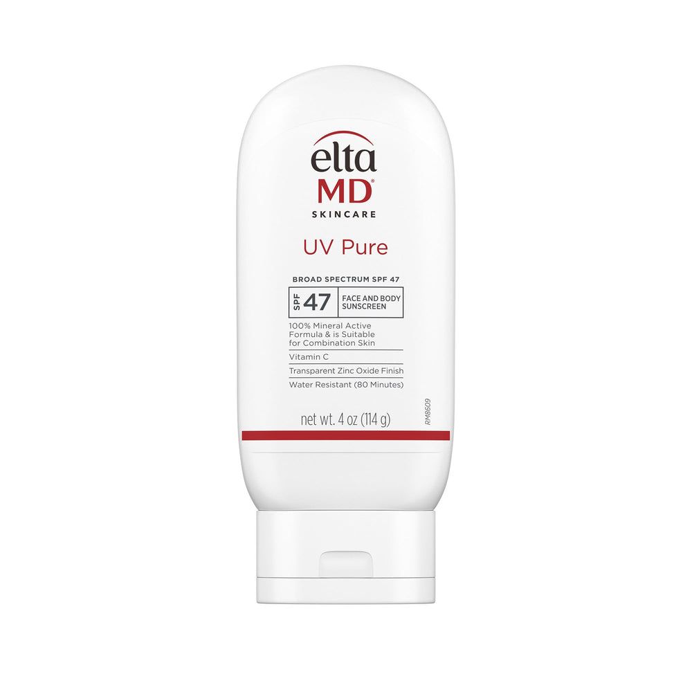 EltaMD UV Pure SPF 47 bottle closeup for mineral sun protection on skin