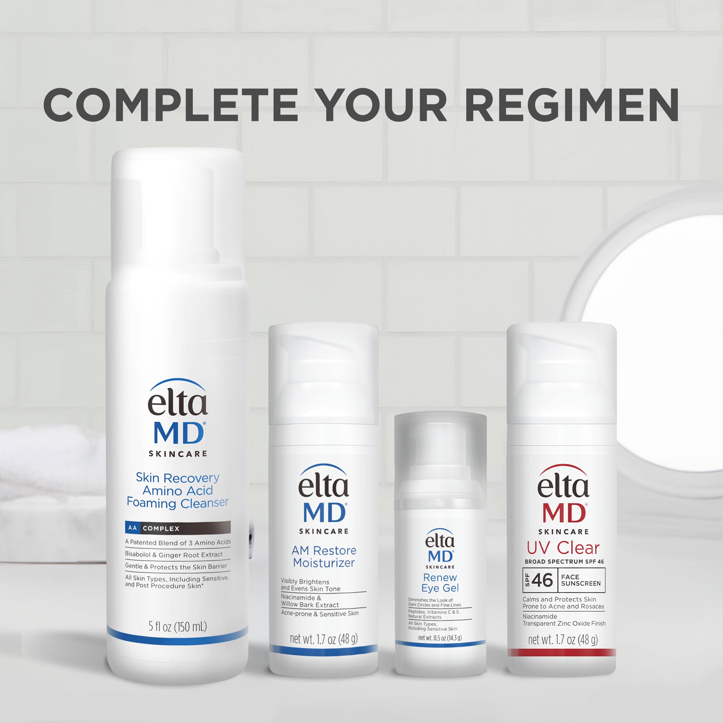 EltaMD Renew Eye Gel ingredients featuring hyaluronic acid and peptides for hydration.