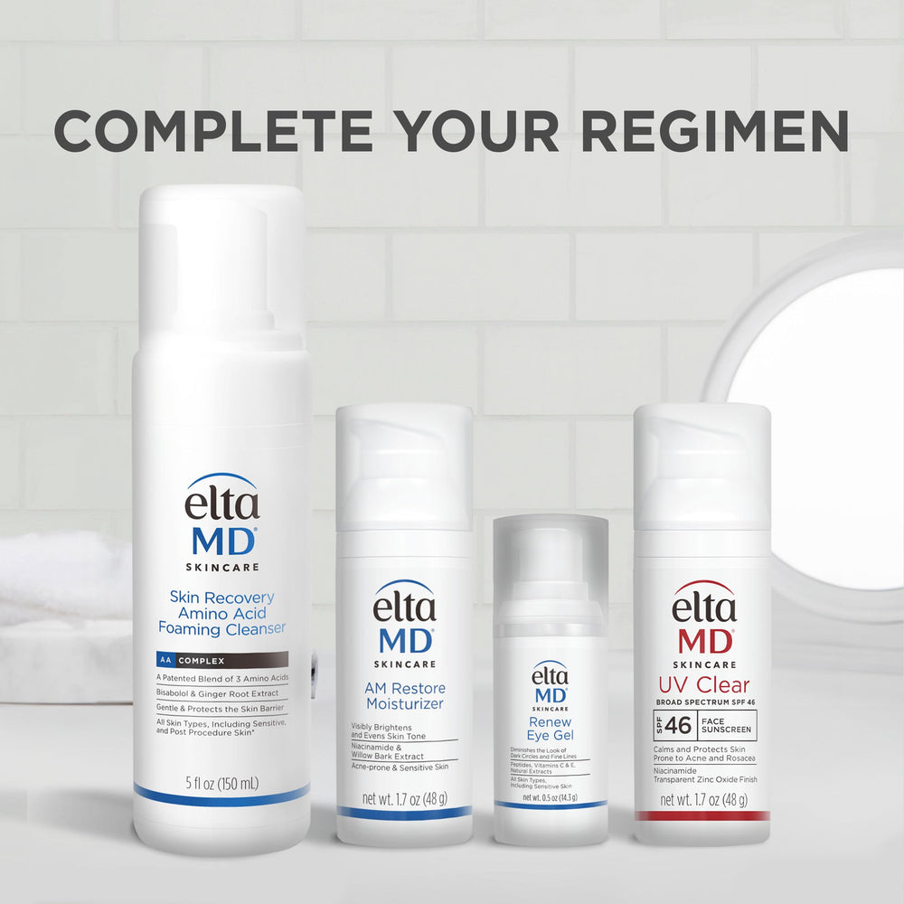 EltaMD Renew Eye Gel ingredients featuring hyaluronic acid and peptides for hydration.