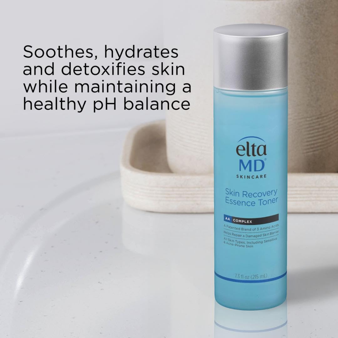 Application close-up of EltaMD Skin Recovery Essence Face Toner for gentle toning