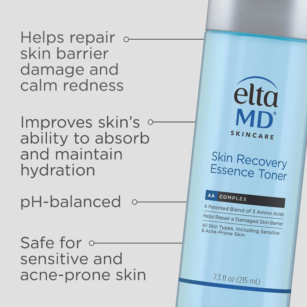 EltaMD Skin Recovery Essence Face Toner label closeup highlights Malachite Extract and amino acids