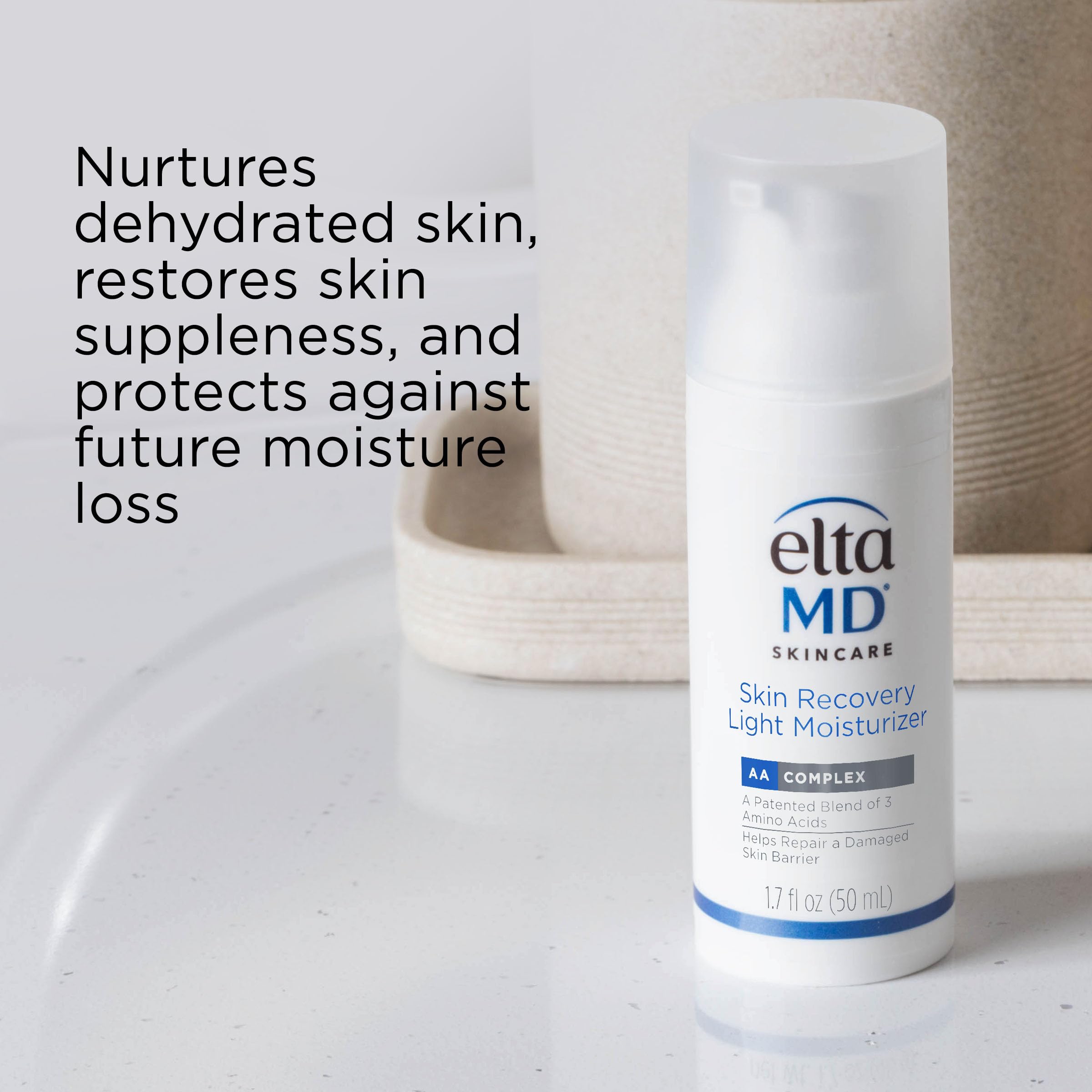 EltaMD Skin Recovery Light oil-free formula shown with a pump packaging.