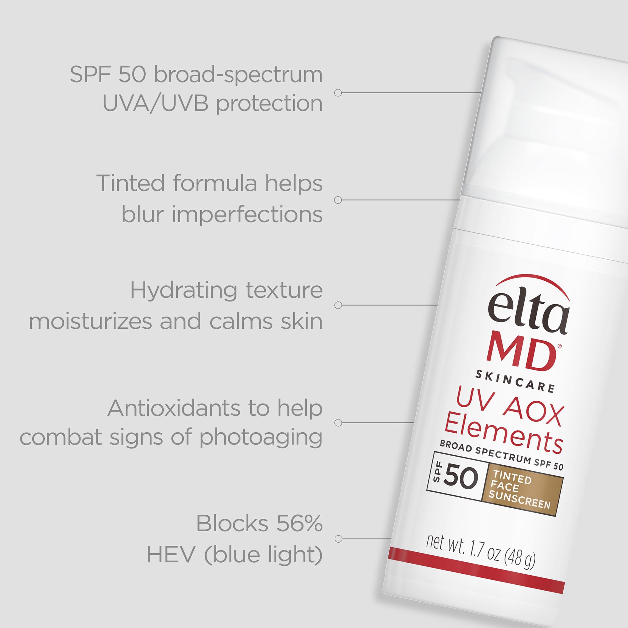 EltaMD UV AOX Elements pump dispenser for easy, mess-free application.