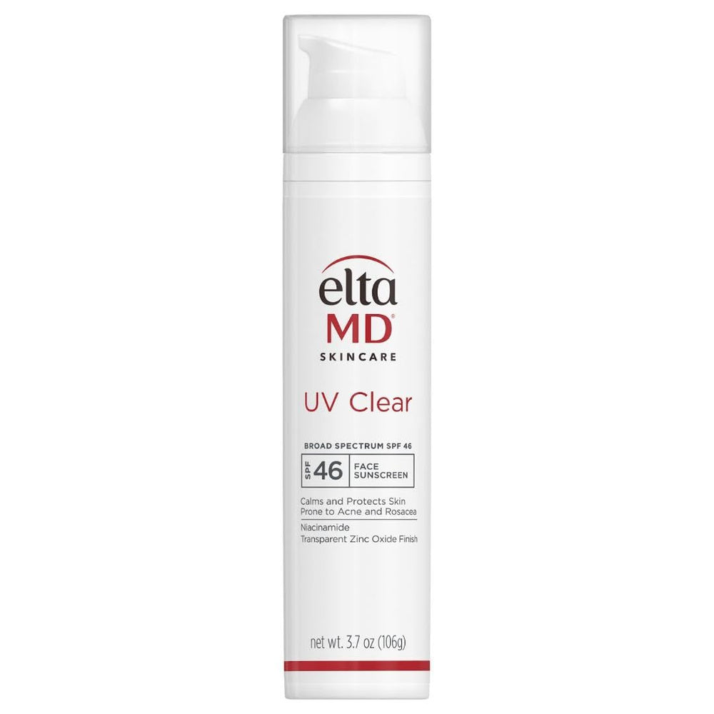 EltaMD UV Clear sunscreen bottle shows oil-free, non-greasy protection for acne-prone skin.