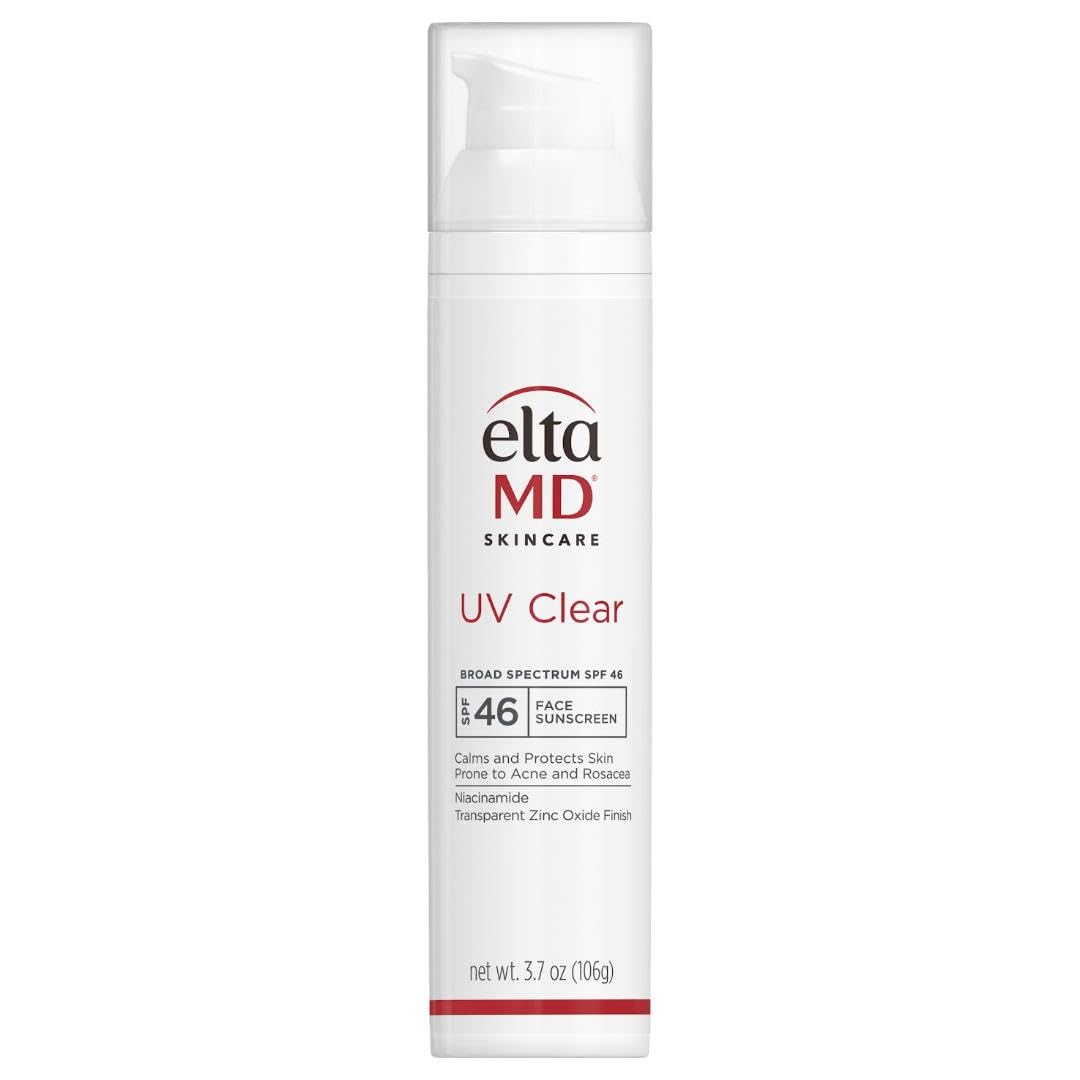 EltaMD UV Clear sunscreen bottle shows oil-free, non-greasy protection for acne-prone skin.