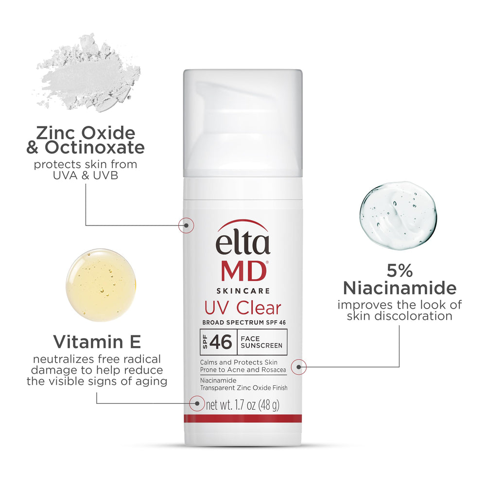 EltaMD UV Clear zinc-oxide shield blocks UVA/UVB for sensitive skin protection.