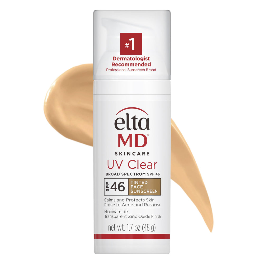 EltaMD UV Clear tinted sunscreen packaging with dermatologist-recommended sensitive-skin protection.