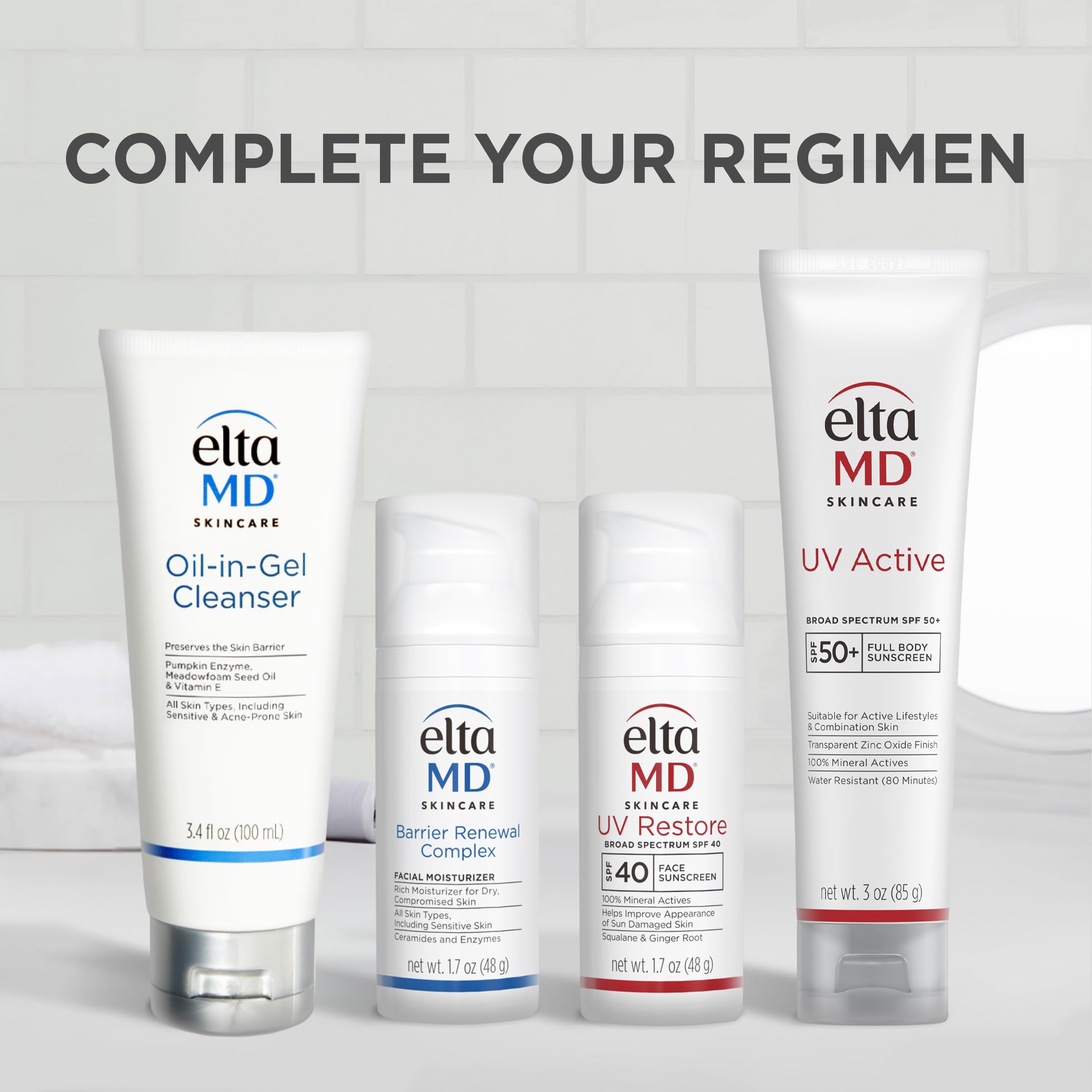 EltaMD UV Restore packaging close-up showing dye-free and fragrance-free formula.