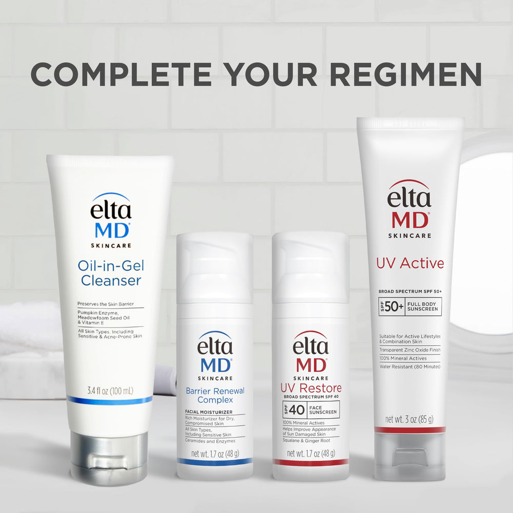 EltaMD UV Restore packaging close-up showing dye-free and fragrance-free formula.
