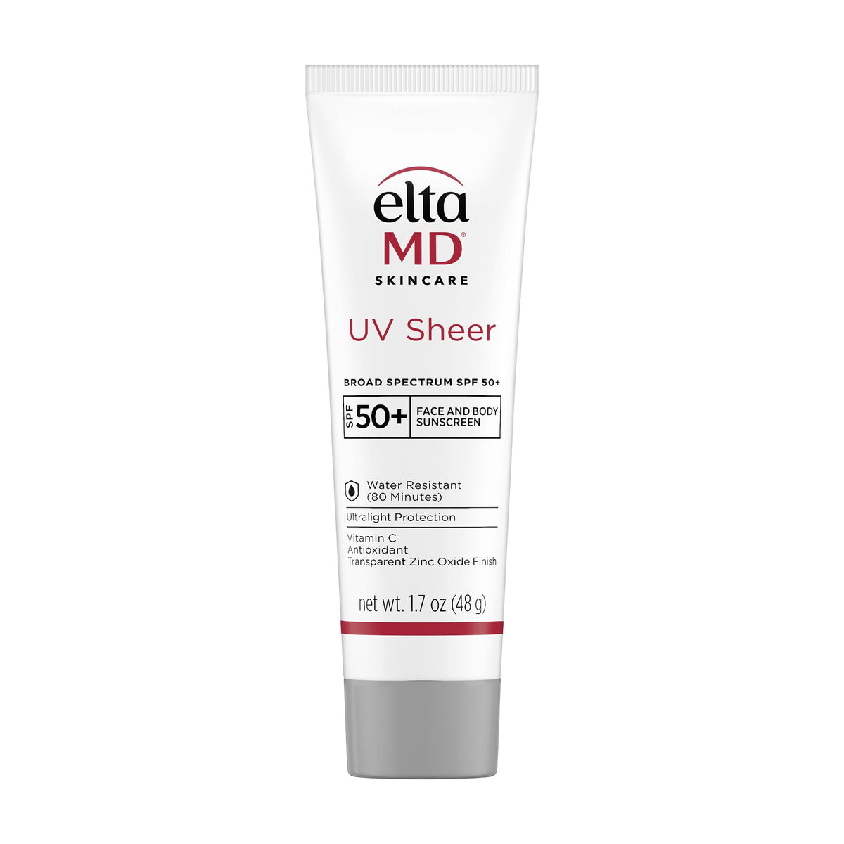 EltaMD UV Sheer SPF 50+ tube close-up shows lightweight, non-greasy protection.