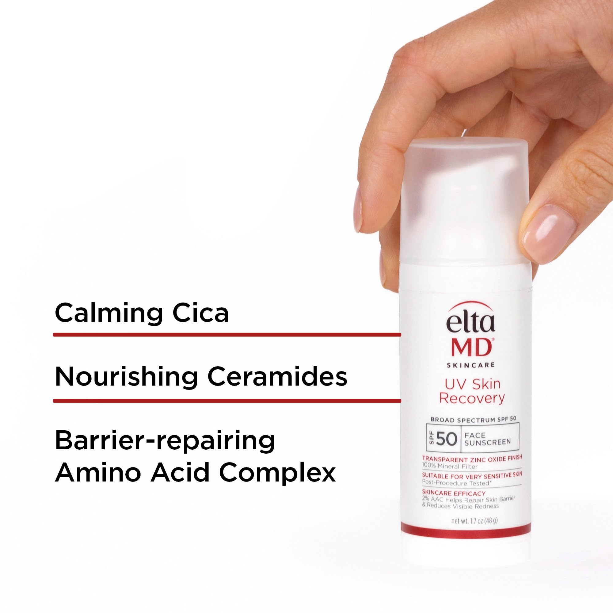 EltaMD UV Skin Recovery bottle and label closeup highlights mineral protection.