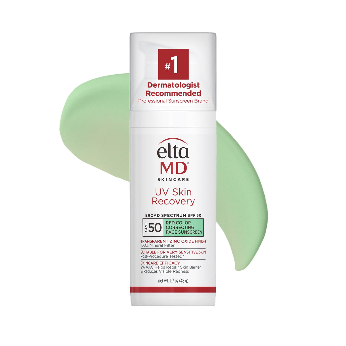 EltaMD UV Skin Recovery Green Tint bottle showcases mineral protection for sensitive skin.
