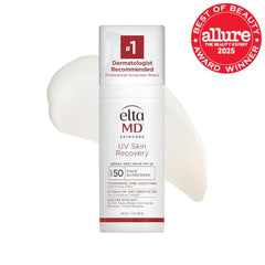 EltaMD UV Skin Recovery packaging image emphasizing zinc oxide formula for sensitive, post-procedure skin.