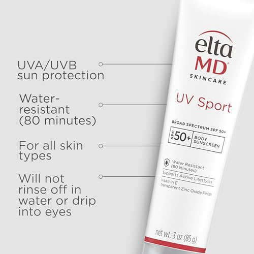 EltaMD UV Sport sunscreen lotion detail on bottle—mineral zinc oxide protection for sensitive skin.