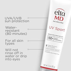 EltaMD UV Sport sunscreen lotion detail on bottle—mineral zinc oxide protection for sensitive skin.