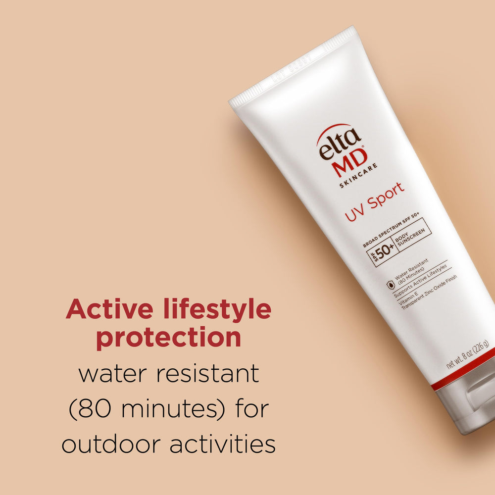 EltaMD UV Sport Sunscreen Lotion bottle labeled for up to 80 minutes wear.