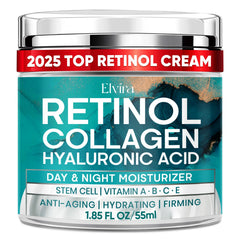 Elvira retinol moisturizer bottle closeup with hydration boost