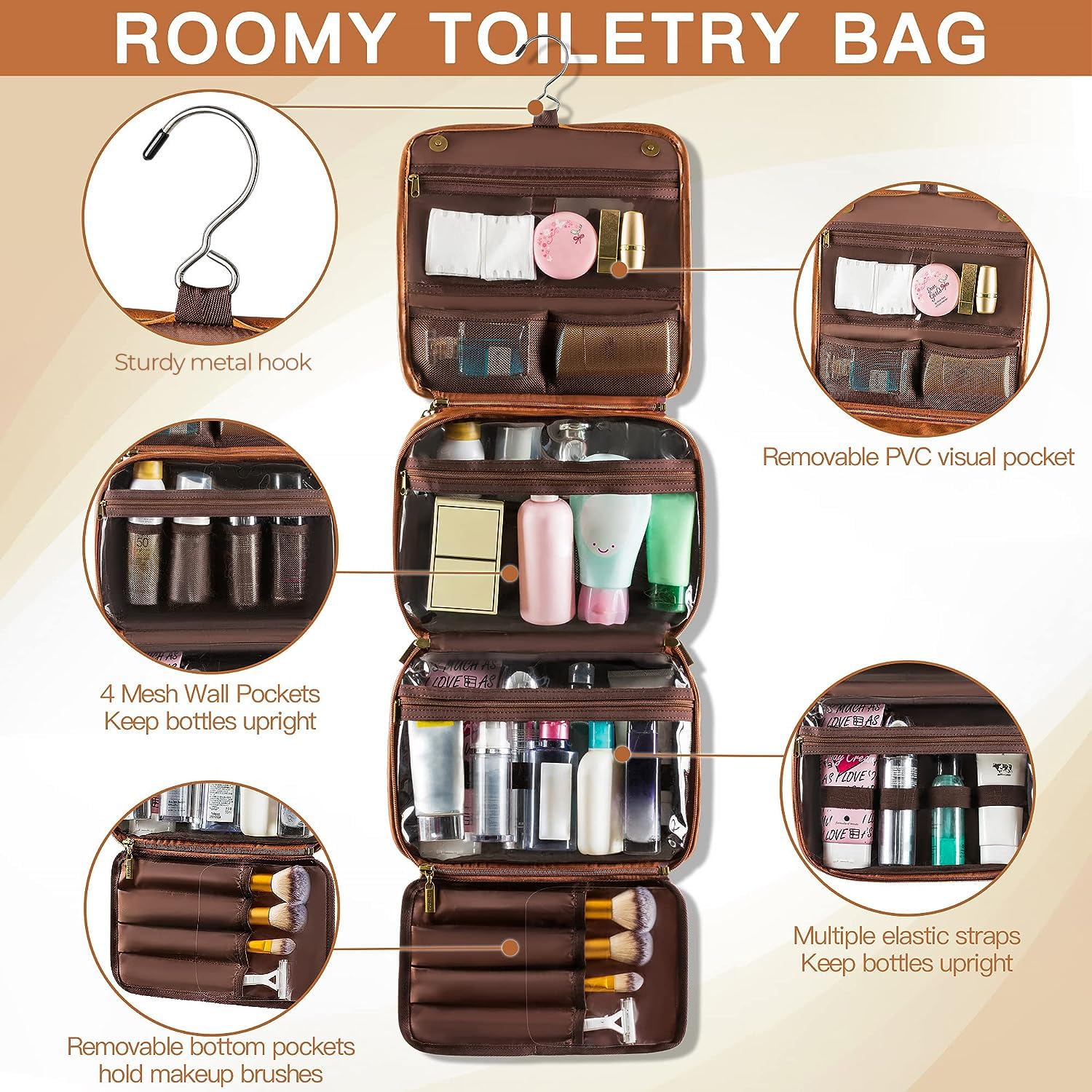 Elviros bag features a top handle and swivel hook for hanging.