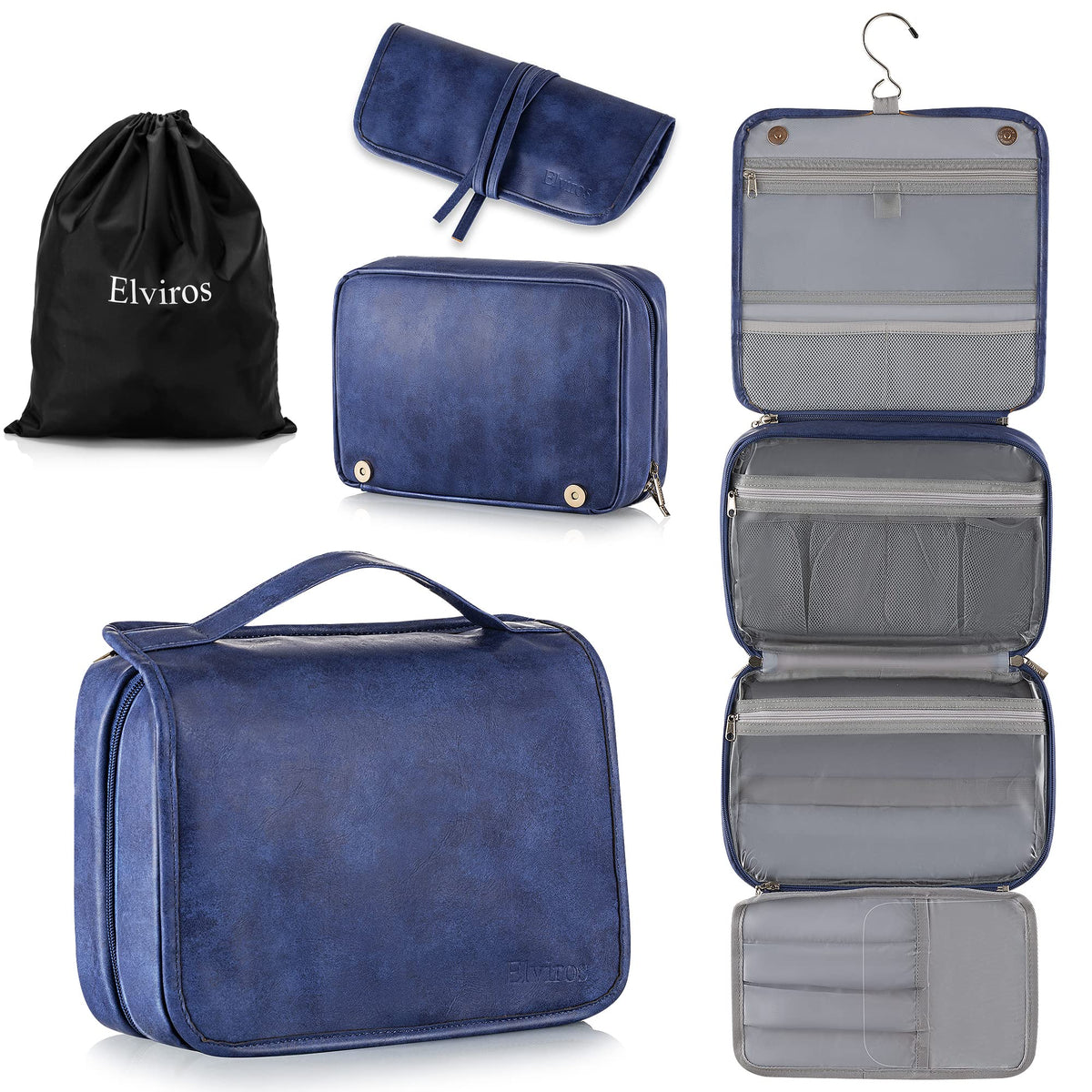 Elviros hanging toiletry bag shows large capacity for organized packing.