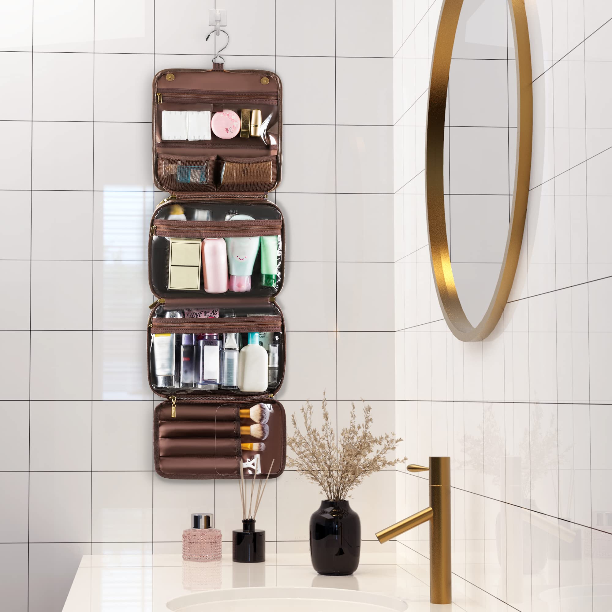 Elviros Hanging Toiletry Bag middle section removable for versatile makeup bag use.