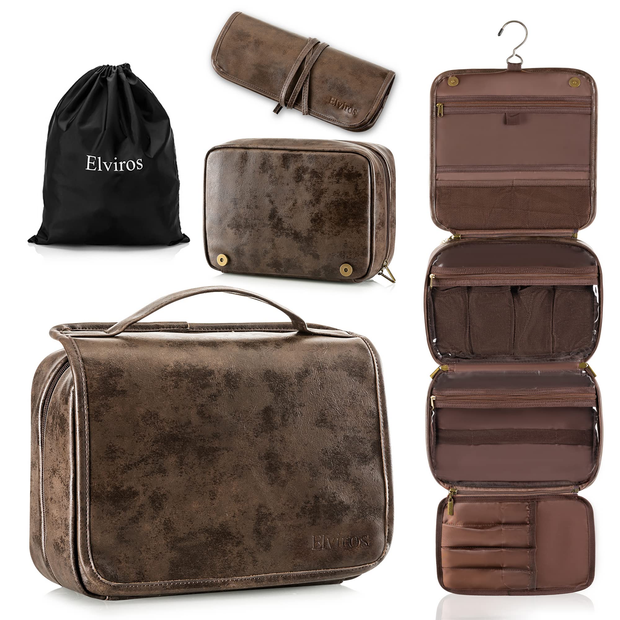 Elviros Hanging Toiletry Bag top view shows compact travel-ready design for easy packing.