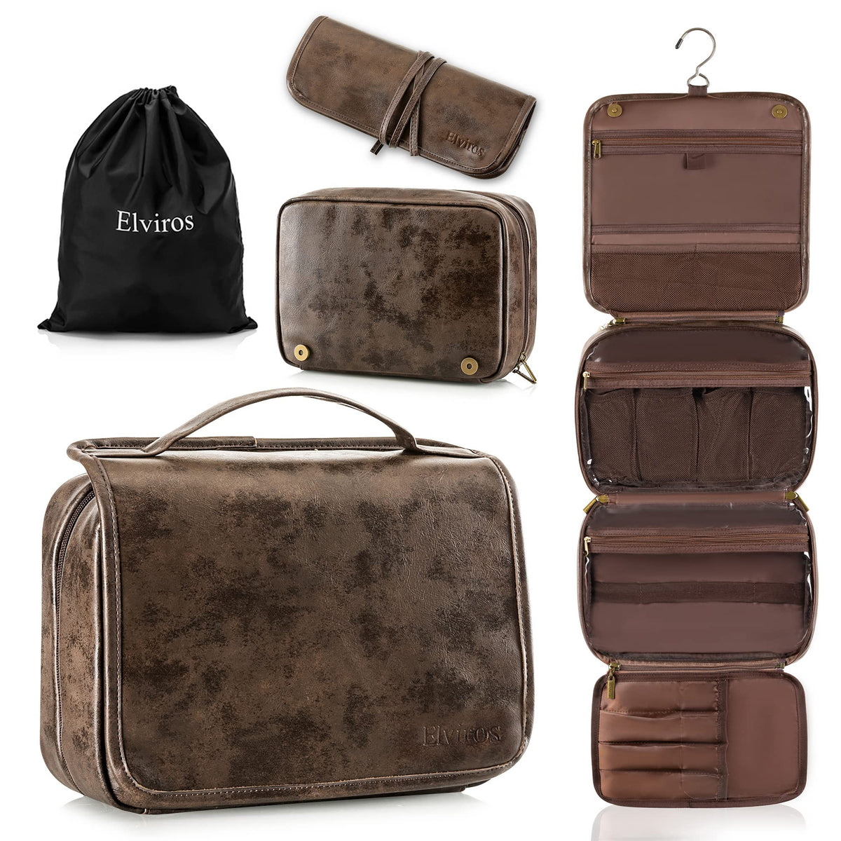 Elviros Hanging Toiletry Bag top view shows compact travel-ready design for easy packing.