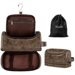 Elviros toiletry bag coffee front view highlights durable PU leather for travel