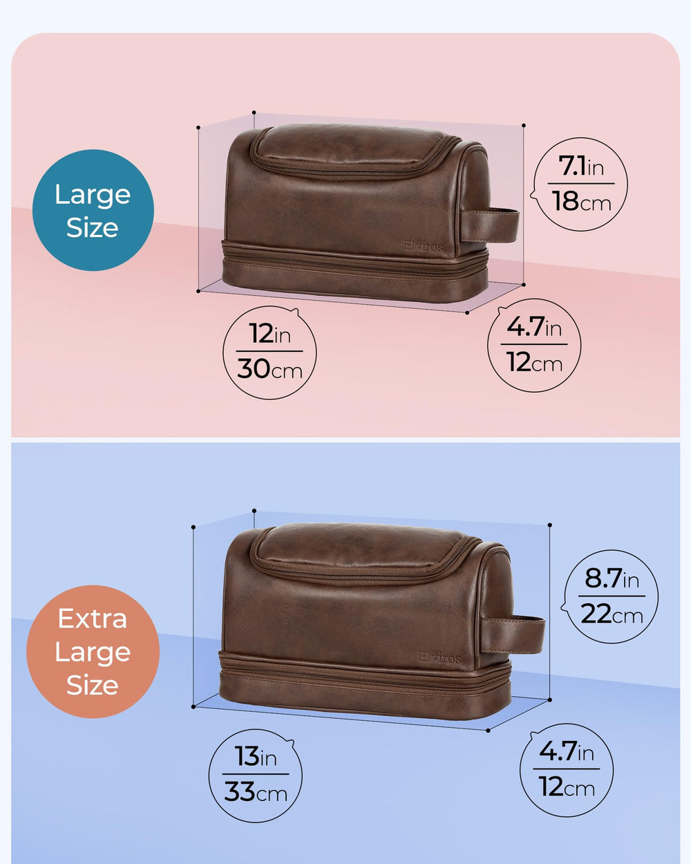 Elviros toiletry bag coffee side handle and large opening for quick access